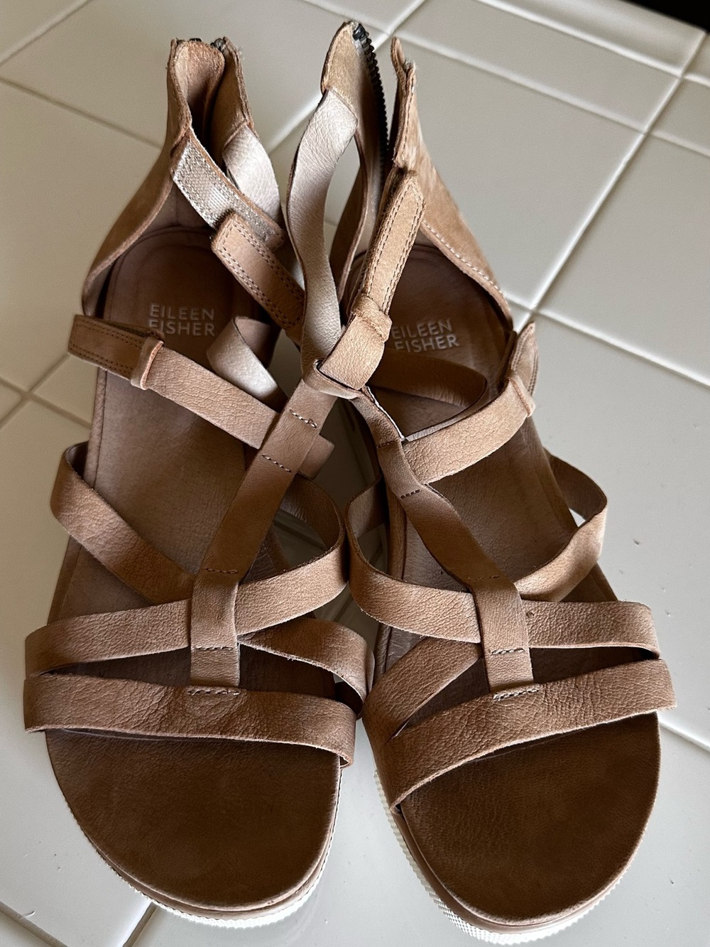 Eileen Fisher Neutral Tan Strappy Leather Gladiator Sandals